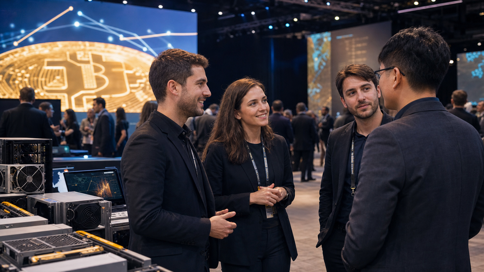 X-Mob Mining team speaking with delegates at a Bitcoin mining industry event
