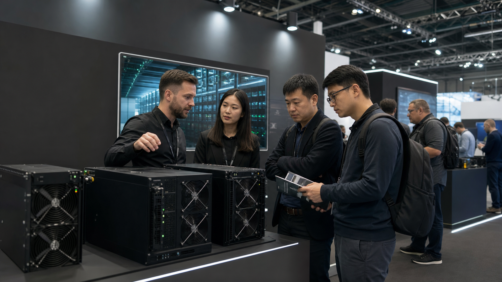 X-Mob Mining team hosting a mining hardware exhibition booth