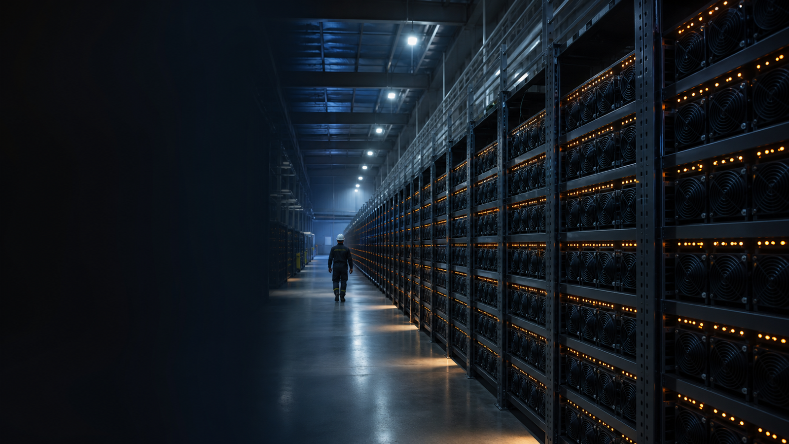 Mining hall with rows of ASIC miners